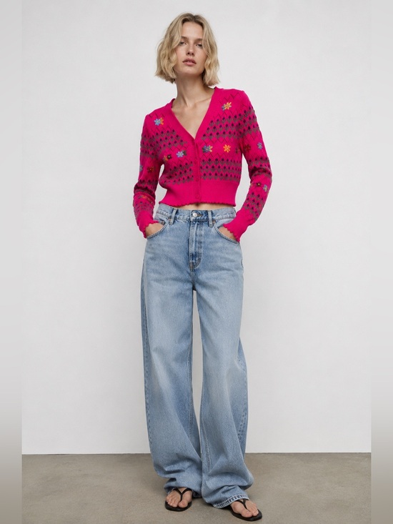 Zara Sweaters - Embroidered Floral Knit Cardigan Sweater Pink Women’s Small Cottagecore